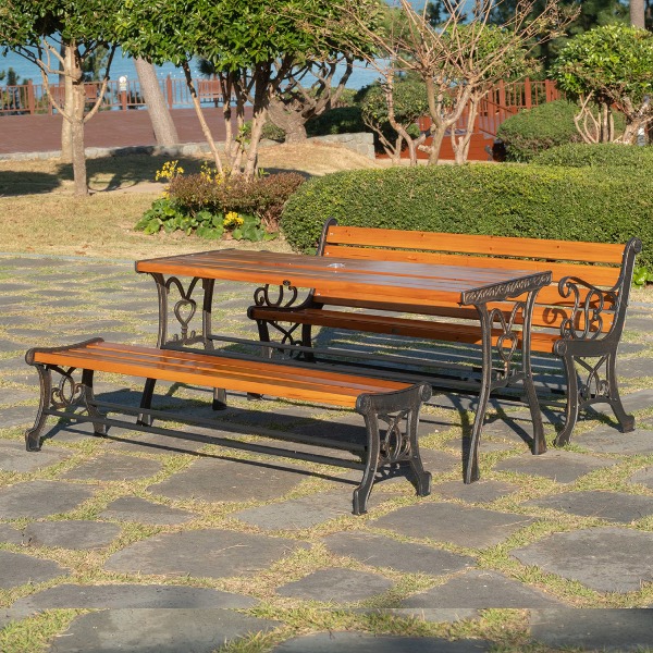 S2458 하트 암벤치 평벤치 세트(6~8인용) 목재 주물 야외 테라스 정원 의자 테이블 벤치 3인 4인 세트